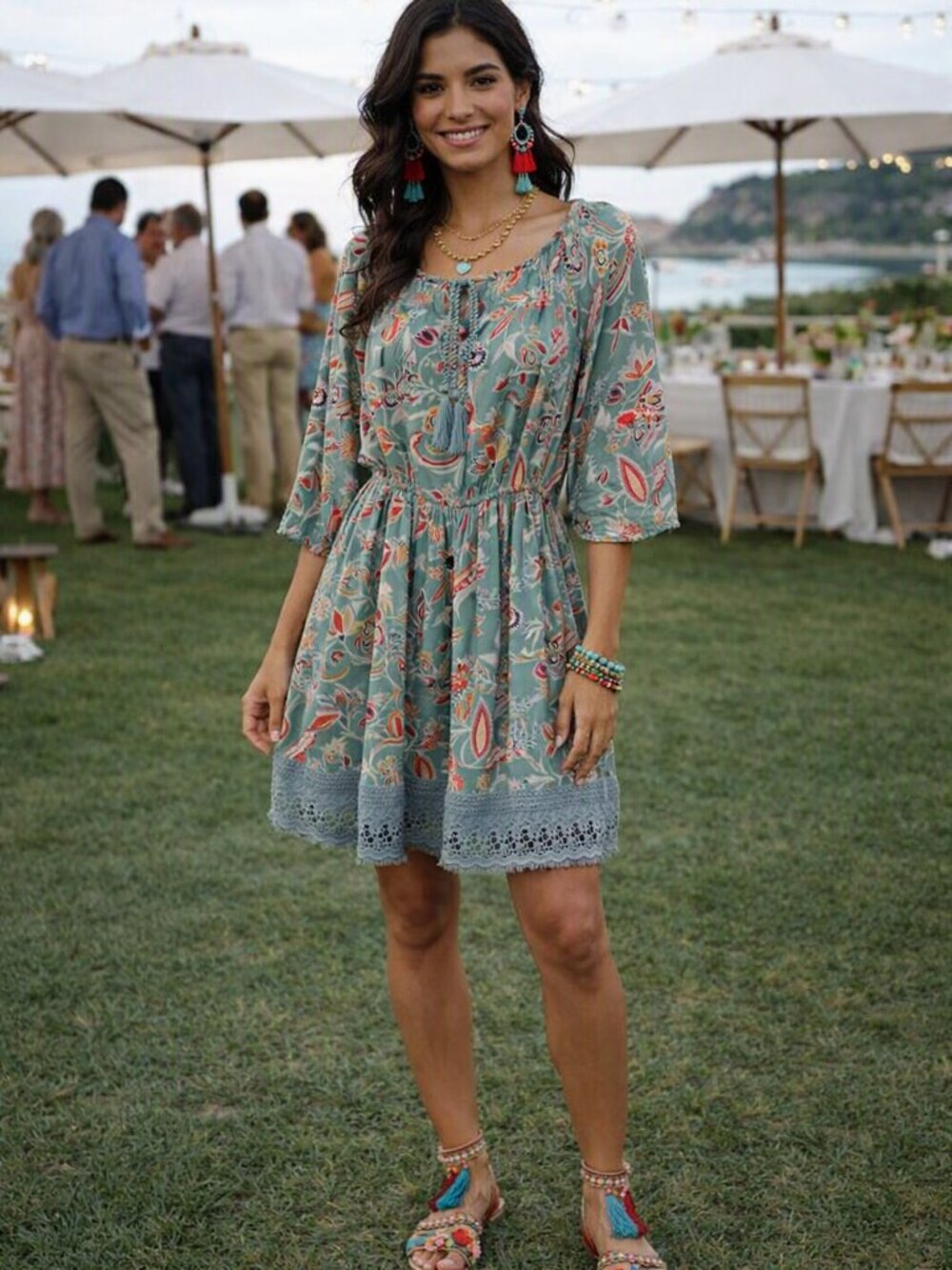 Falls Creek Teal Floral Crochet-Hem Dress